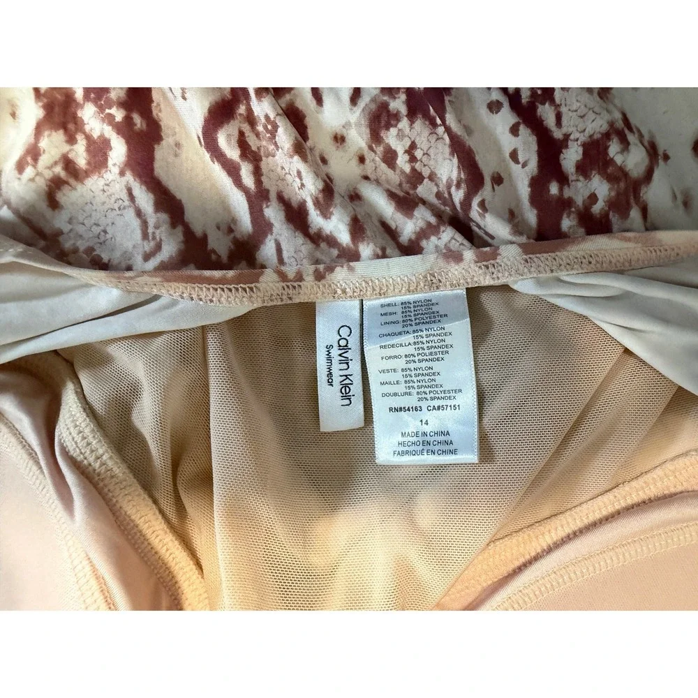 Calvin Klein Snakeskin Print One Piece Swimsuit Peach Pink Surplice Size 14